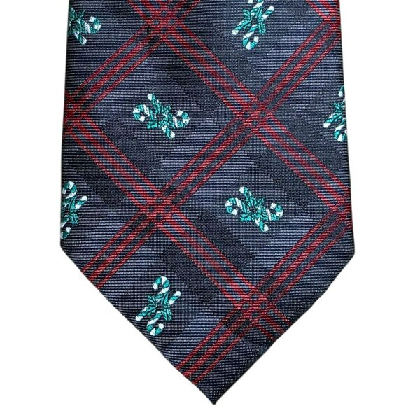 VTG Plaid Candy Cane Neck Tie Gray Red Tartan Christmas Holiday Party Hallmark - Picture 2 of 7